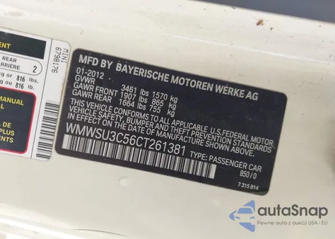 2012 Mini Cooper Hardtop из США, поврежденный, VIN WMWSU3C56CT261381